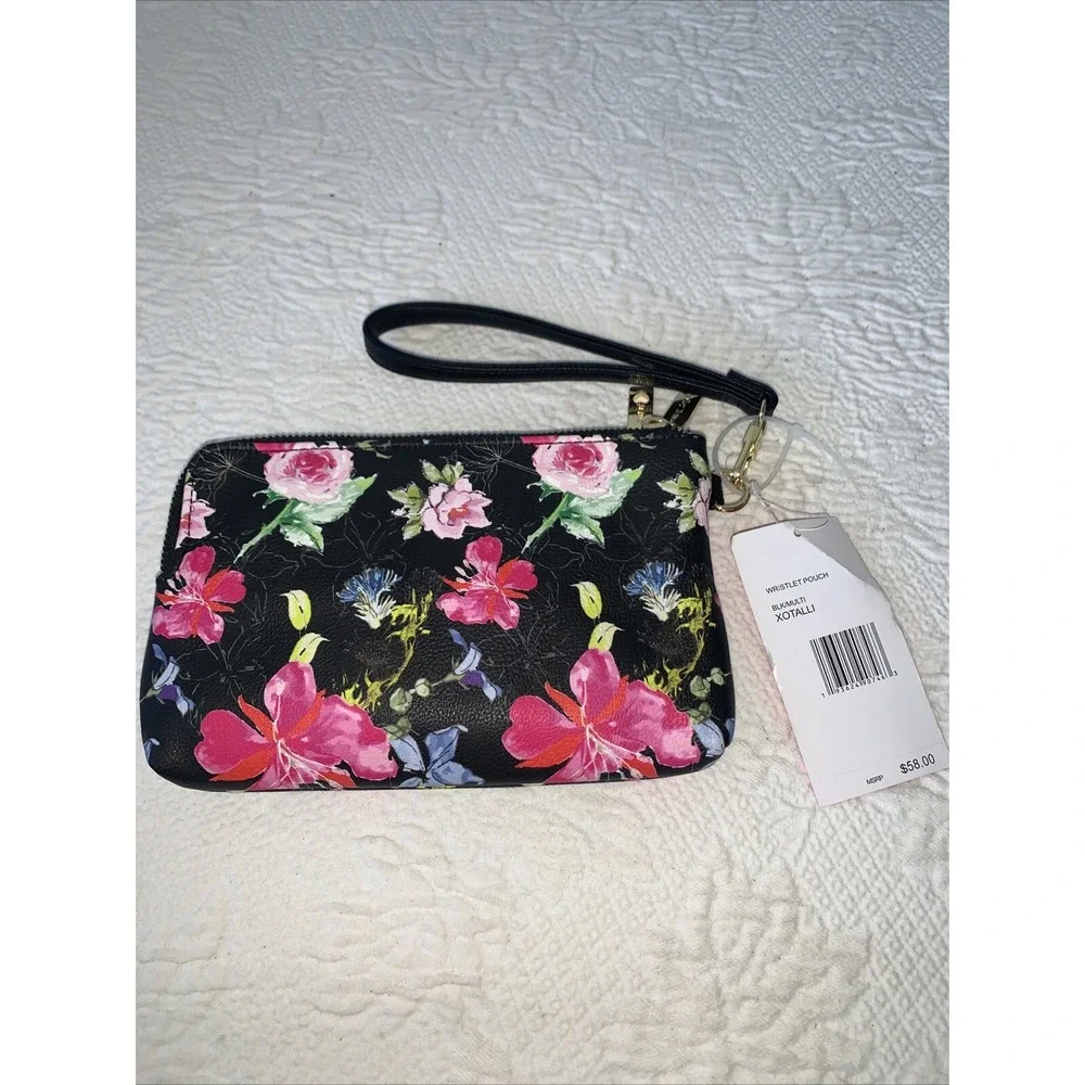Betsey Johnson Double Zip Wristlet/Pouch Black Floral XOTALLI, MSRP: $58
